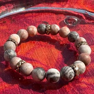 Handmade pink and grey natural crystal gemstone beaded stretch bracelet